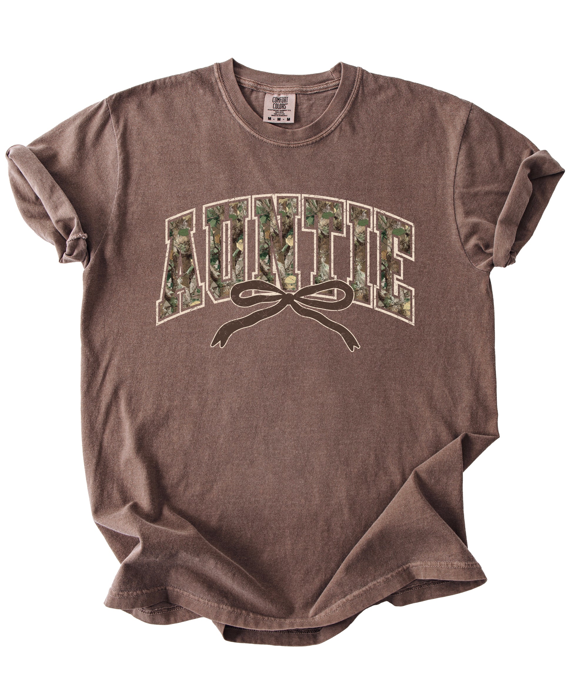 Auntie camo coquette bow womens tee in Espresso brown, product view 2