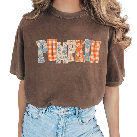 Pumpkin patch fall graphic tee for women in Espresso on Comfort Colors 1717, lifestyle view
