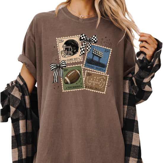 Vintage Football Stamps Coquette Bow Comfort Colors tee in Espresso - view 2