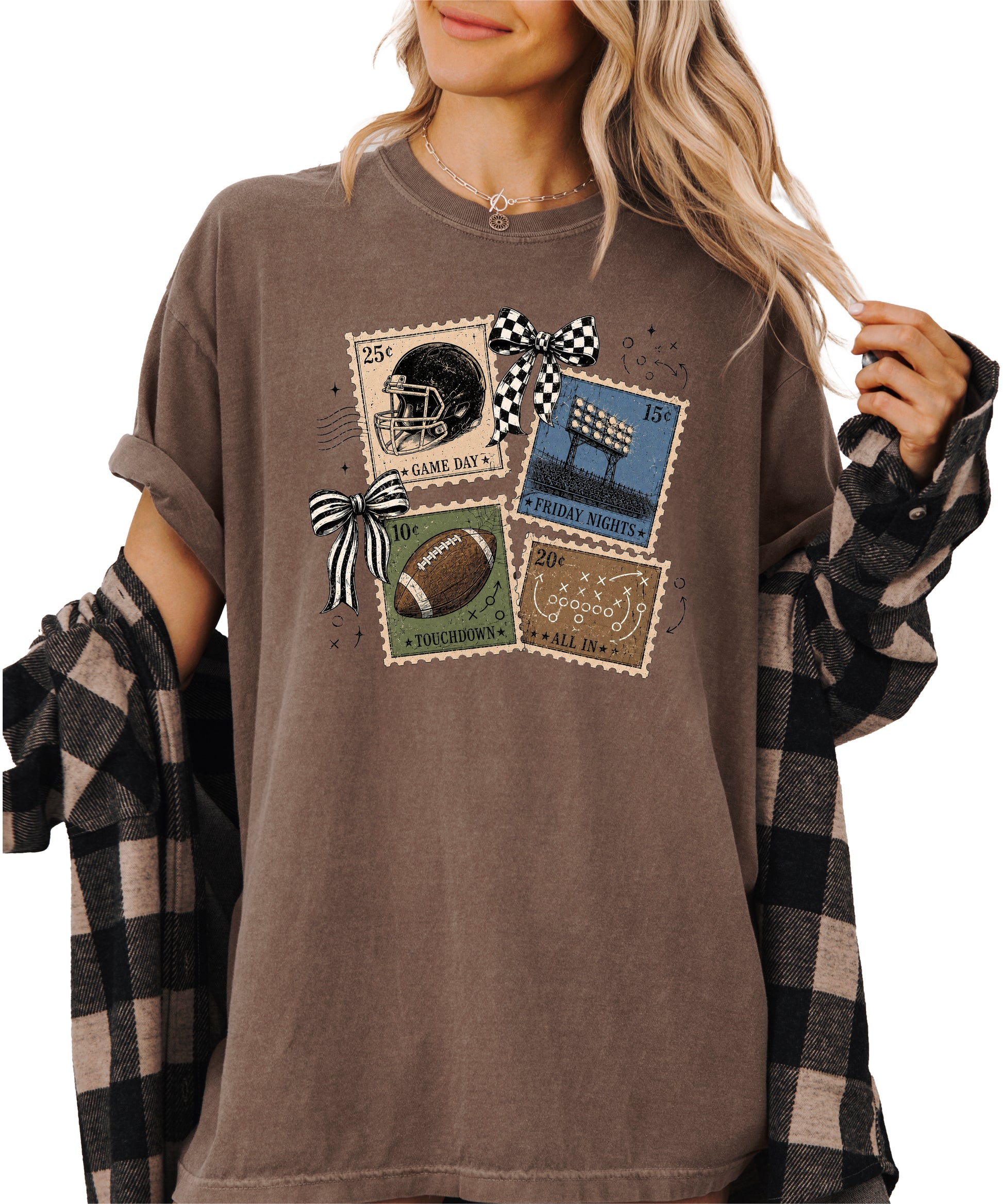 Vintage Football Stamps Coquette Bow Comfort Colors tee in Espresso - view 2