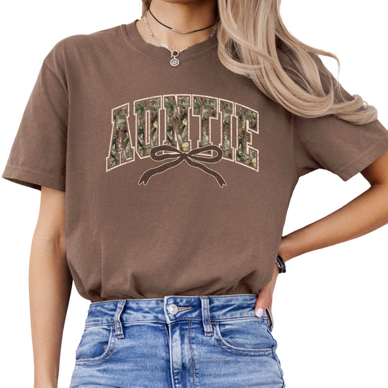 Auntie camo coquette bow womens tee in Espresso brown, product view 3