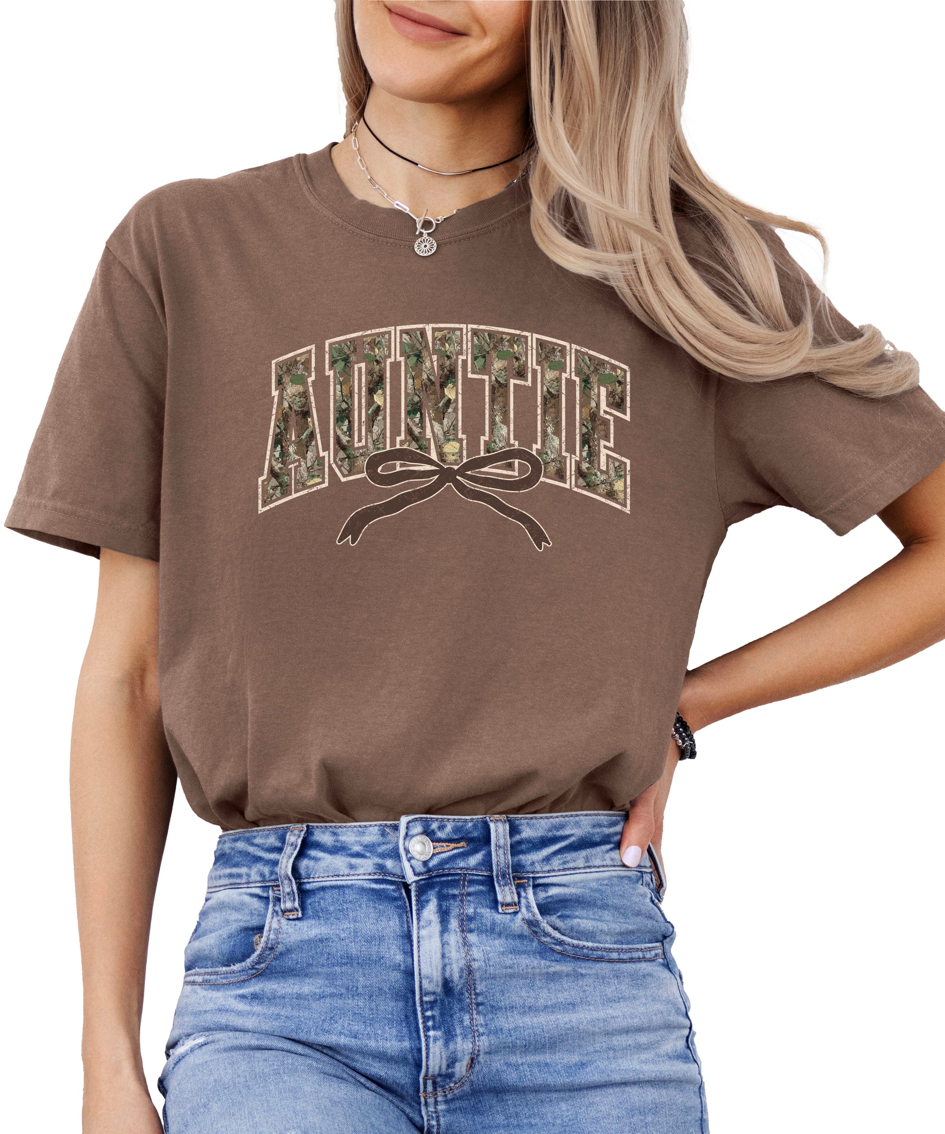 Auntie camo coquette bow womens tee in Espresso brown, product view 3