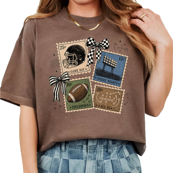 Vintage Football Stamps Coquette Bow Comfort Colors tee in Espresso - view 3