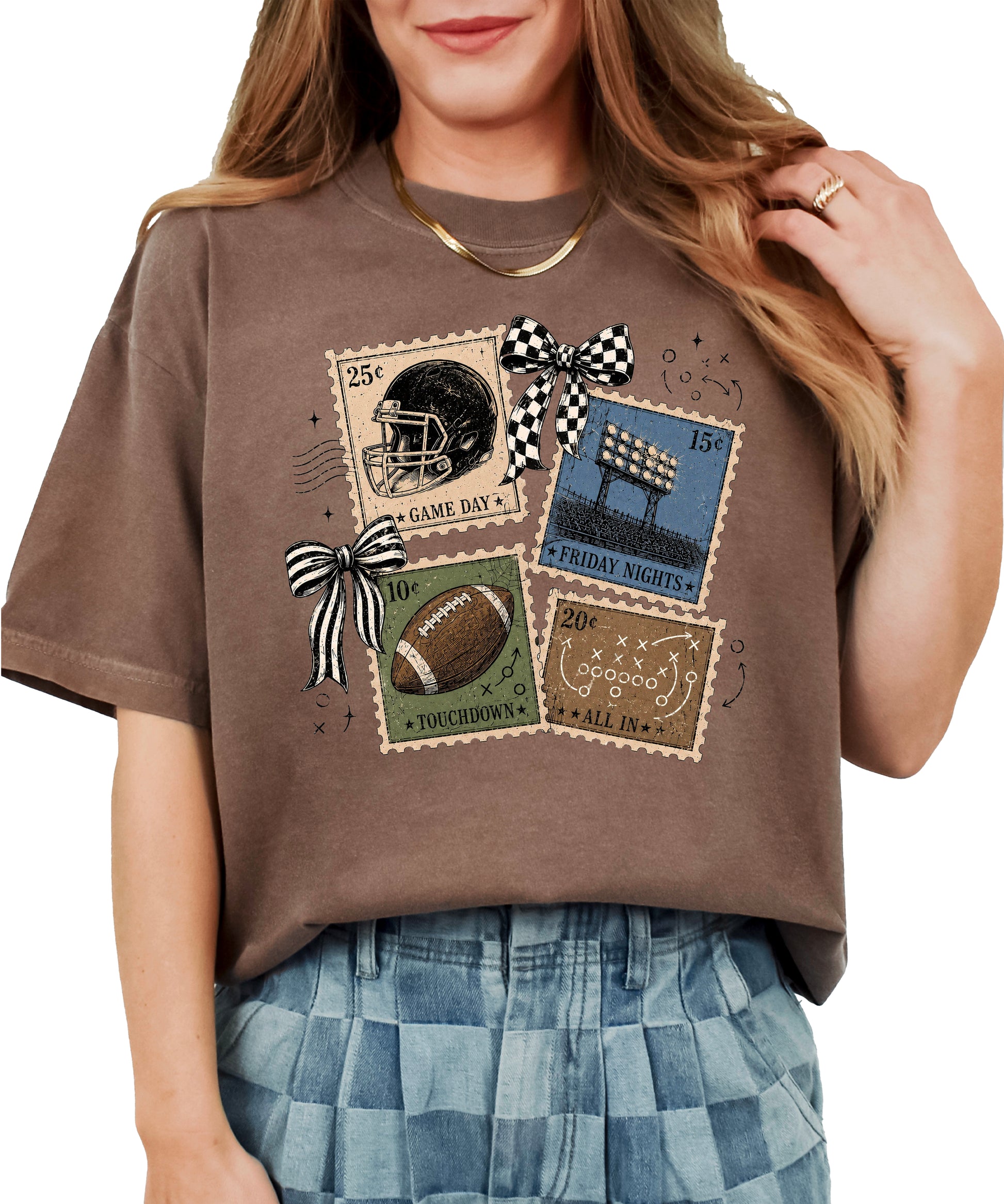 Vintage Football Stamps Coquette Bow Comfort Colors tee in Espresso - view 3