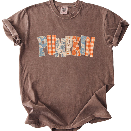 Pumpkin patch fall graphic tee for women in Espresso on Comfort Colors 1717, flat lay detail