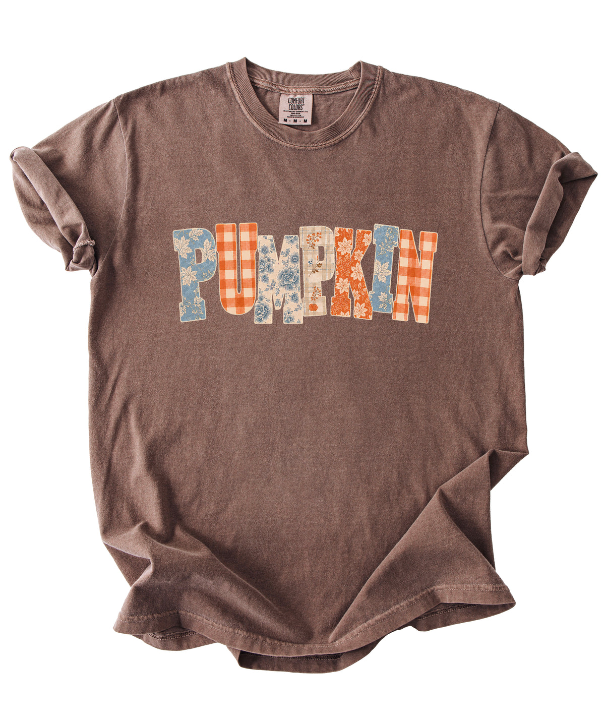 Pumpkin patch fall graphic tee for women in Espresso on Comfort Colors 1717, flat lay detail