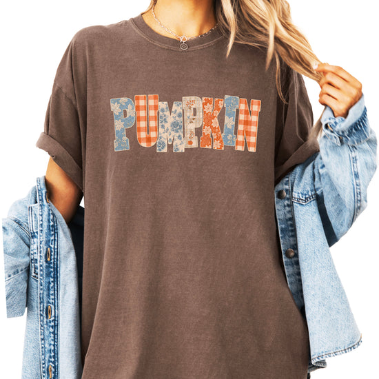 Pumpkin patch fall graphic tee for women in Espresso on Comfort Colors 1717, back view