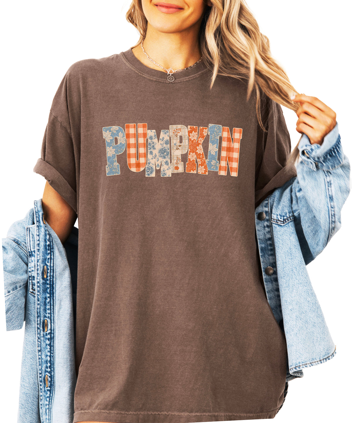 Pumpkin patch fall graphic tee for women in Espresso on Comfort Colors 1717, back view