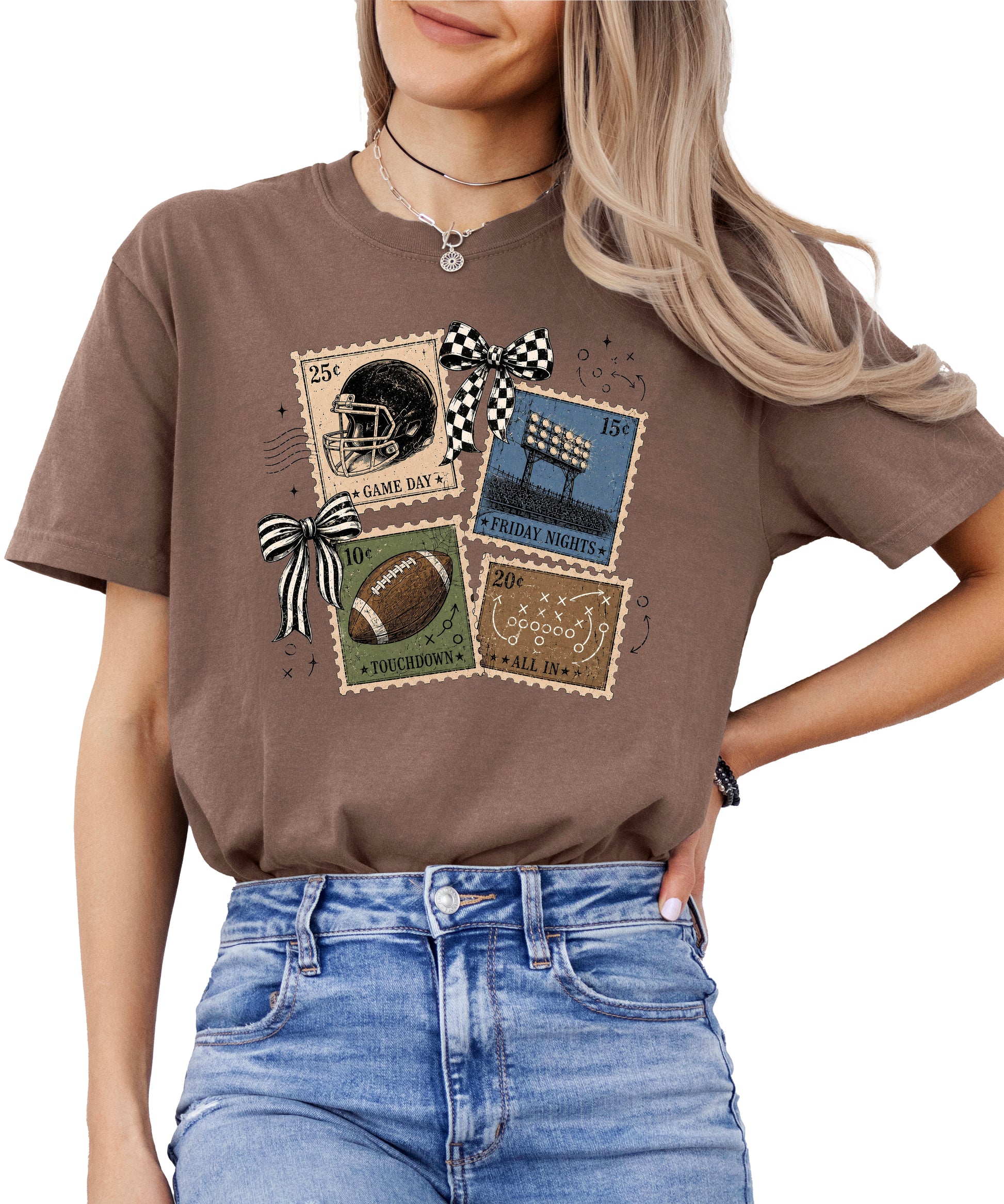 Vintage Football Stamps Coquette Bow Comfort Colors tee in Espresso - view 4