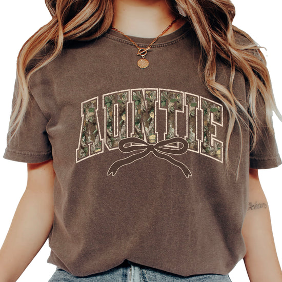 Auntie camo coquette bow womens tee in Espresso brown, product view 4