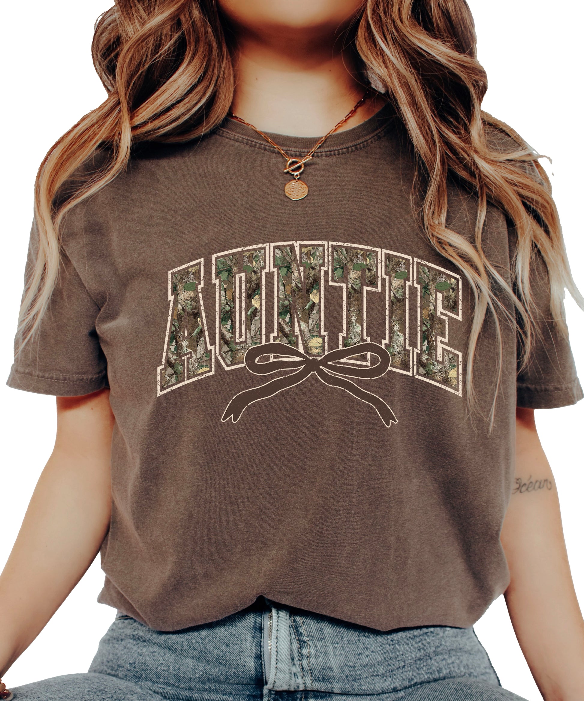 Auntie camo coquette bow womens tee in Espresso brown, product view 4