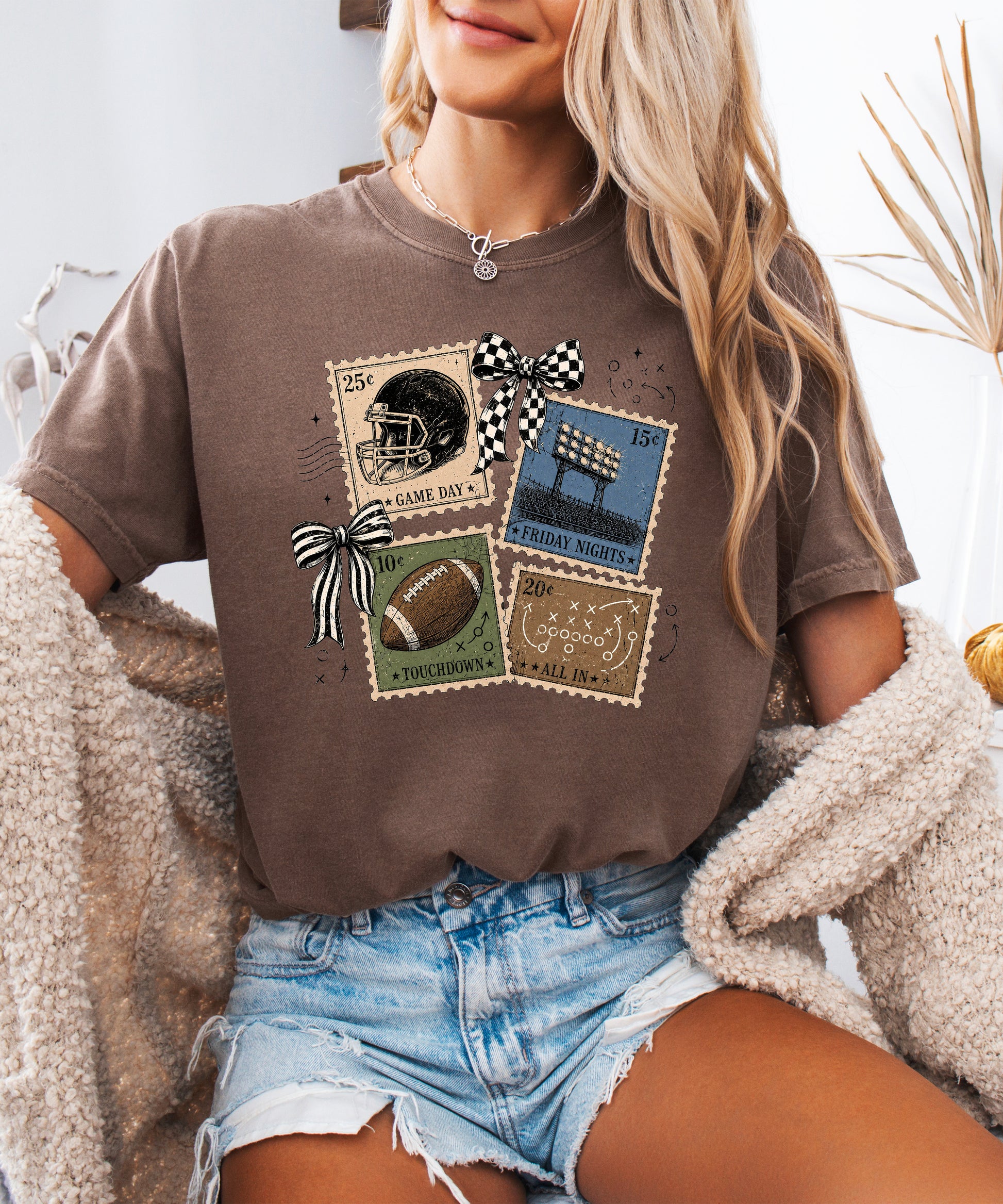 Vintage Football Stamps Coquette Bow Comfort Colors tee in Espresso - view 5
