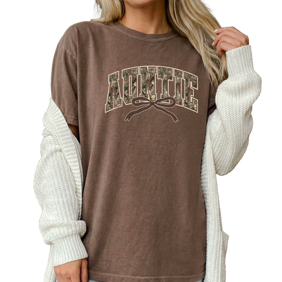 Auntie camo coquette bow womens tee in Espresso brown, product view 5