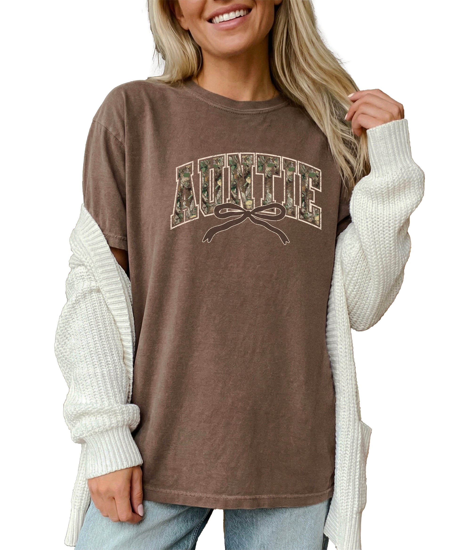 Auntie camo coquette bow womens tee in Espresso brown, product view 5