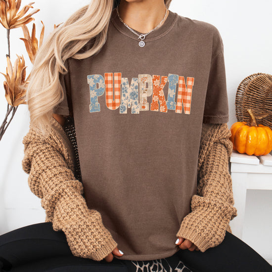 Pumpkin patch fall graphic tee for women in Espresso on Comfort Colors 1717, styled view
