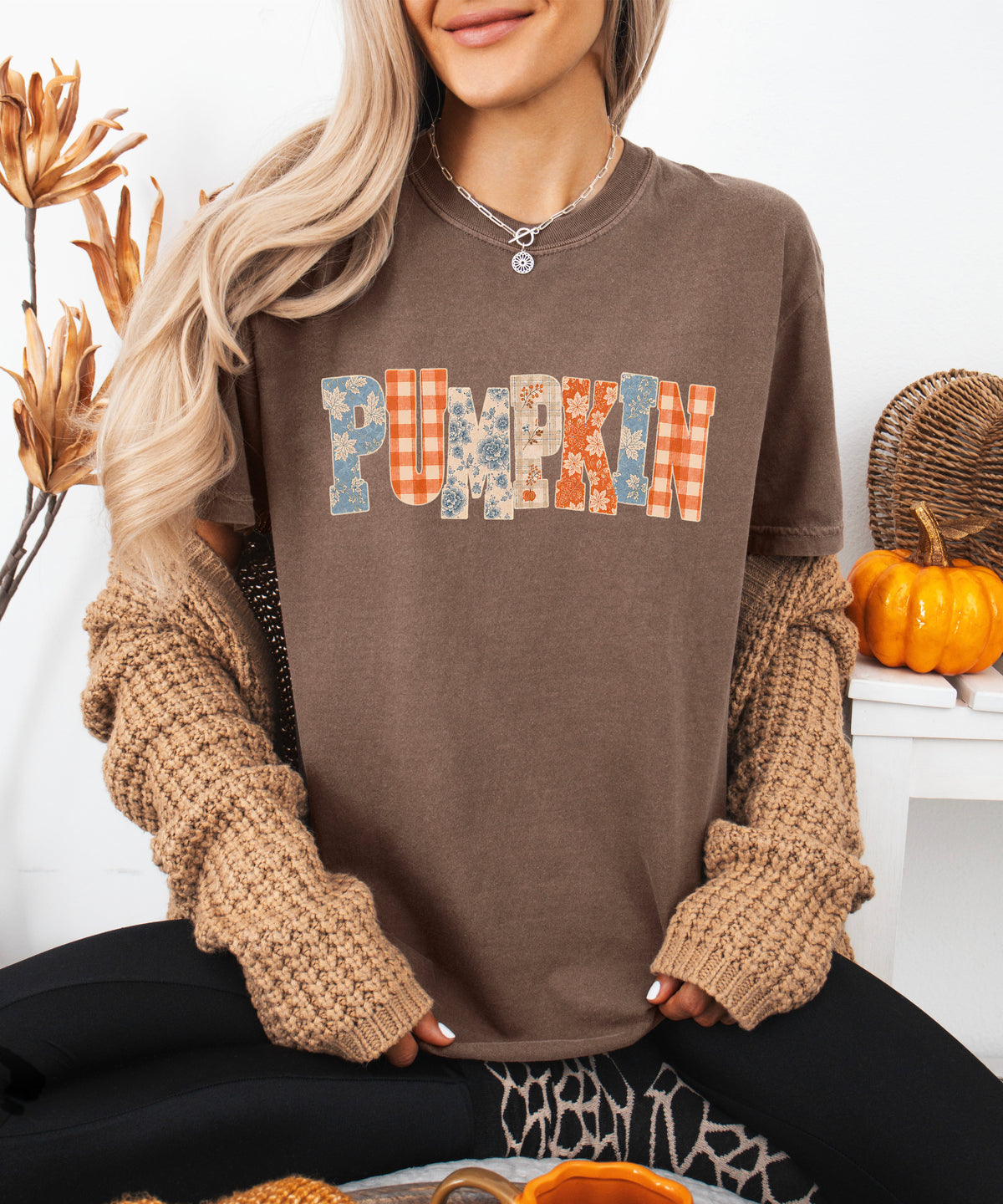 Pumpkin patch fall graphic tee for women in Espresso on Comfort Colors 1717, styled view