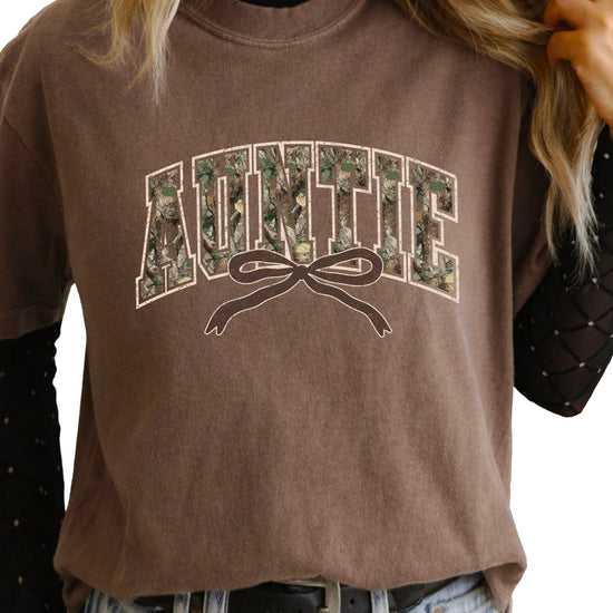 Auntie camo coquette bow womens tee in Espresso brown, product view 6