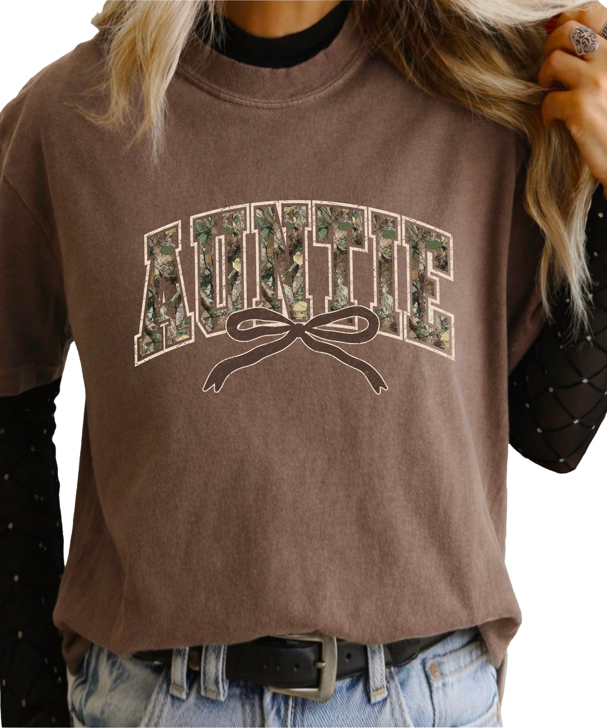 Auntie camo coquette bow womens tee in Espresso brown, product view 6