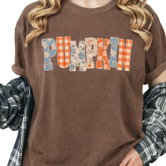Pumpkin patch fall graphic tee for women in Espresso on Comfort Colors 1717, close-up detail