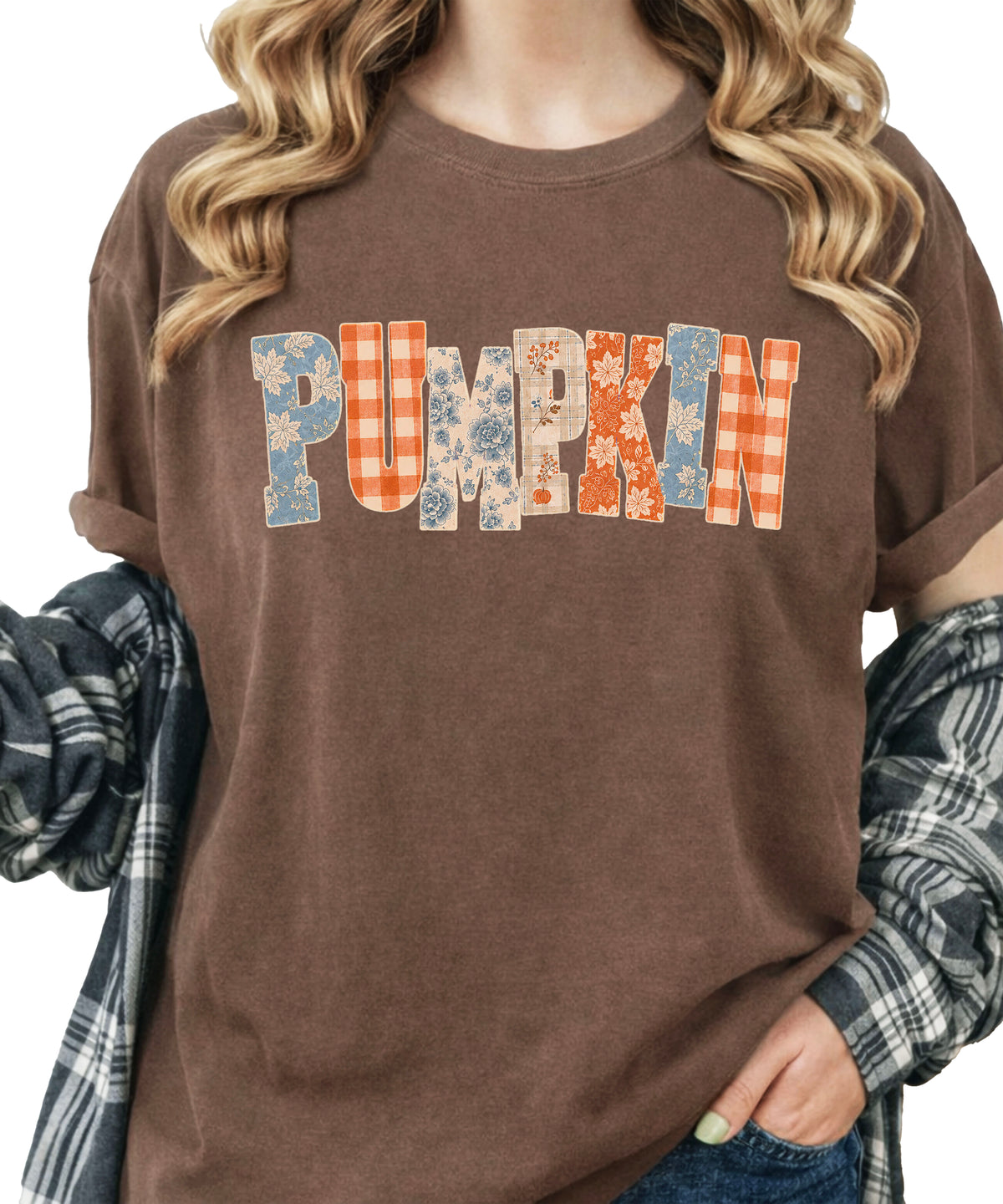 Pumpkin patch fall graphic tee for women in Espresso on Comfort Colors 1717, close-up detail