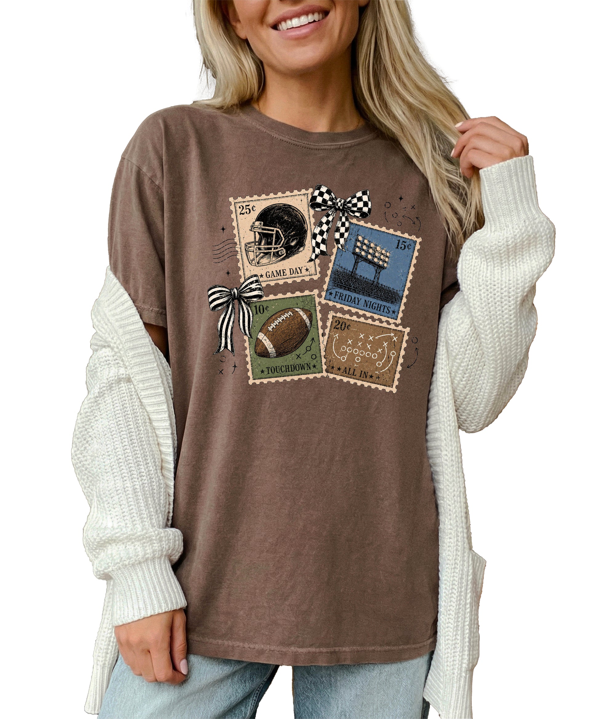 Vintage Football Stamps Coquette Bow Comfort Colors tee in Espresso - view 6