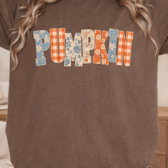 Pumpkin patch fall graphic tee for women in Espresso on Comfort Colors 1717, model view