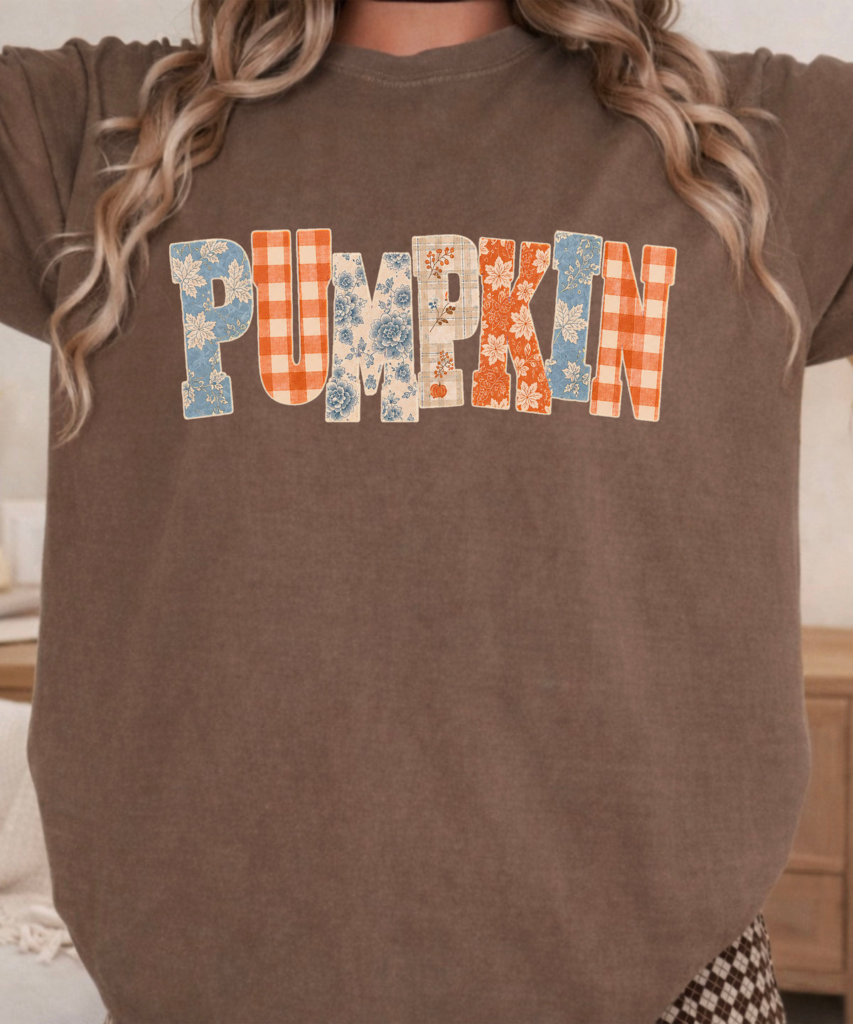 Pumpkin patch fall graphic tee for women in Espresso on Comfort Colors 1717, model view