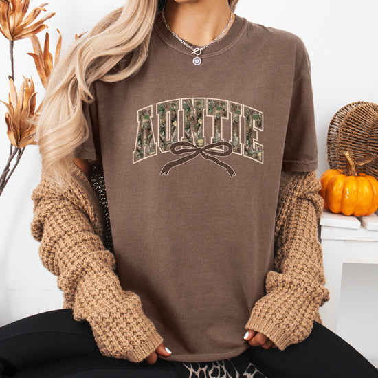 Auntie camo coquette bow womens tee in Espresso brown, product view 7