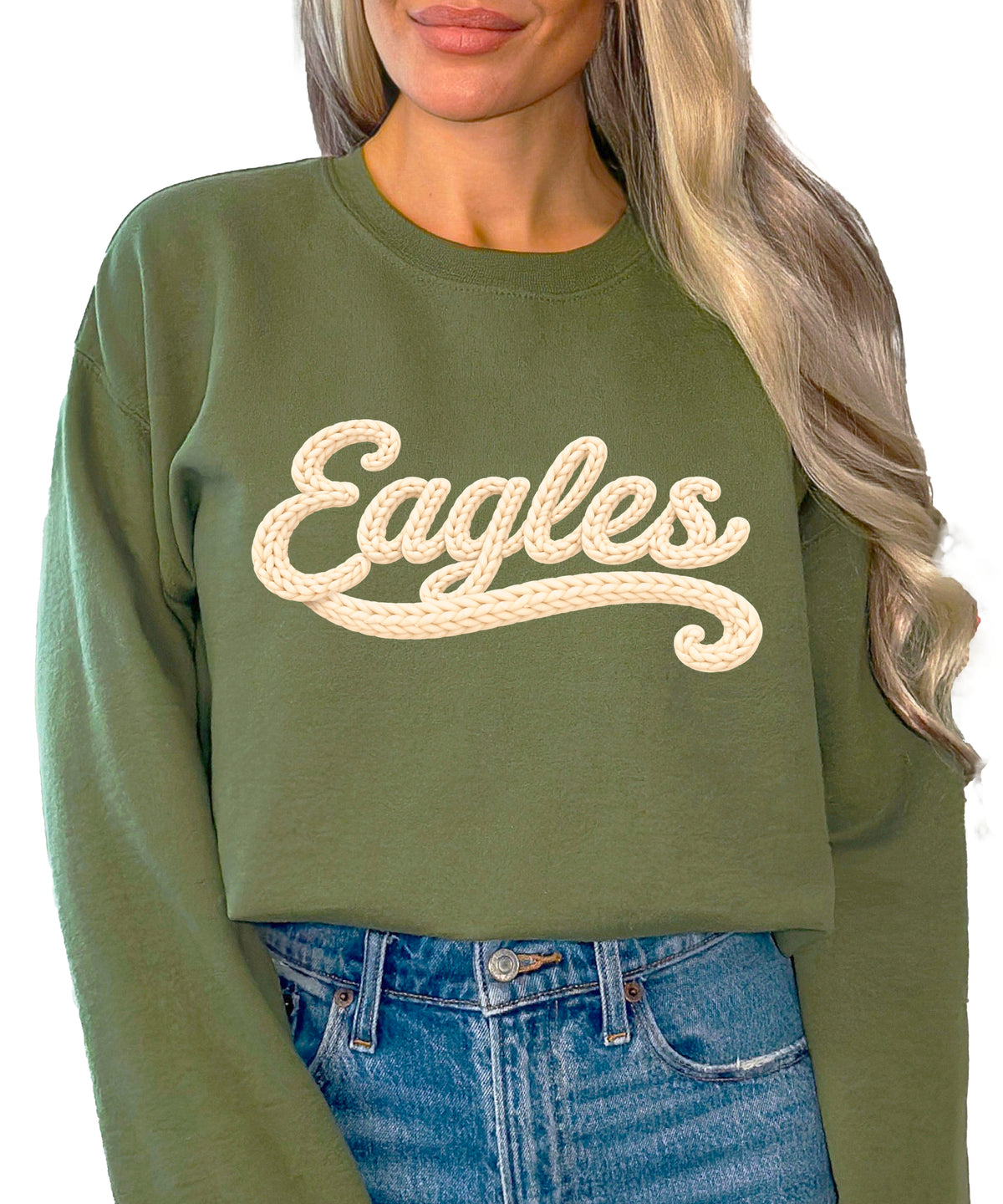 Eagles school spirit sweatshirt ink-printed yarn look in Army Green, view 1