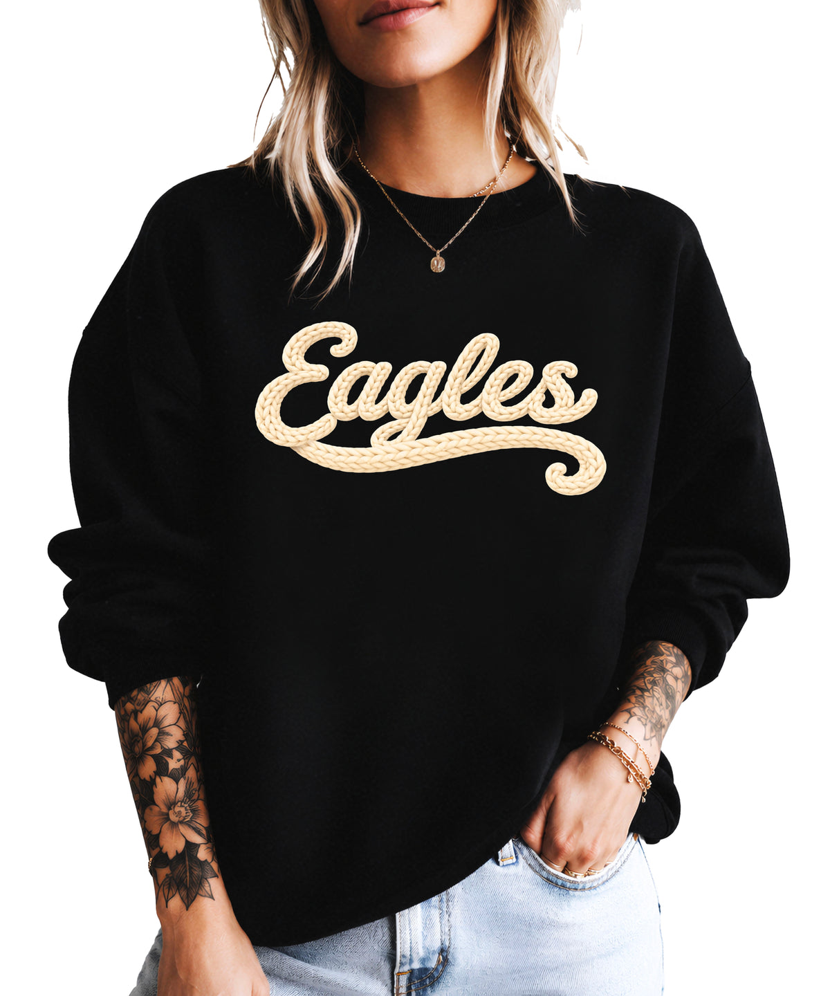 Eagles school spirit sweatshirt ink-printed yarn look in Black, view 2