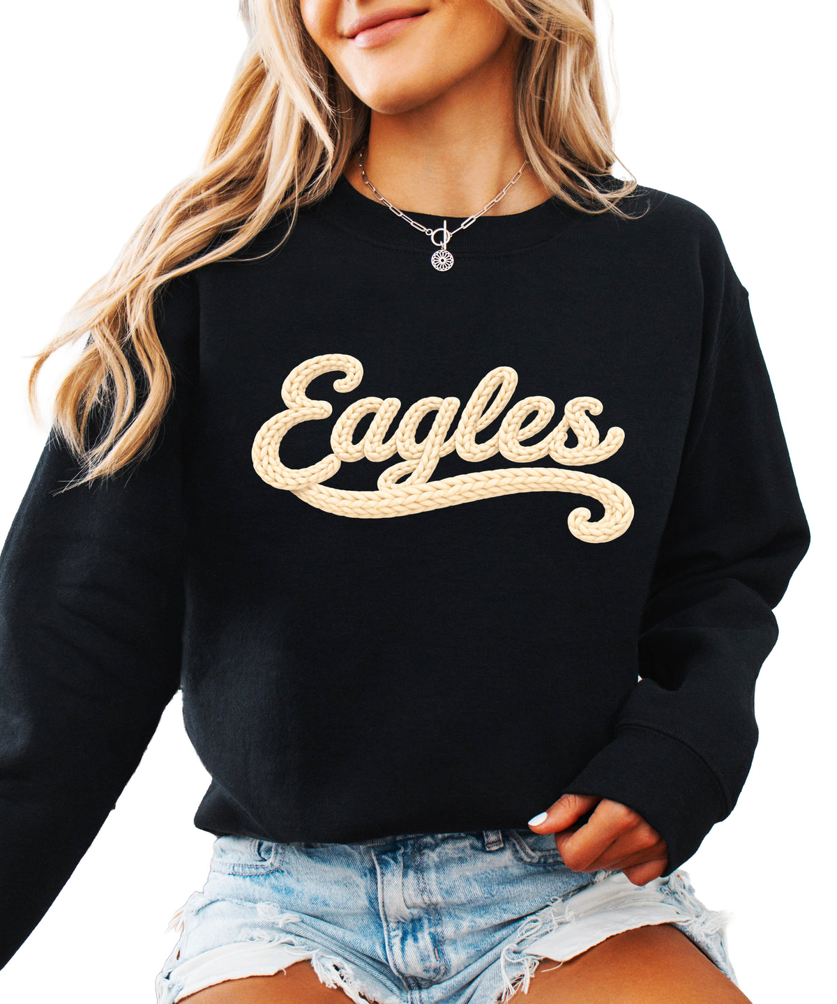 Eagles school spirit sweatshirt ink-printed yarn look in Black, view 4