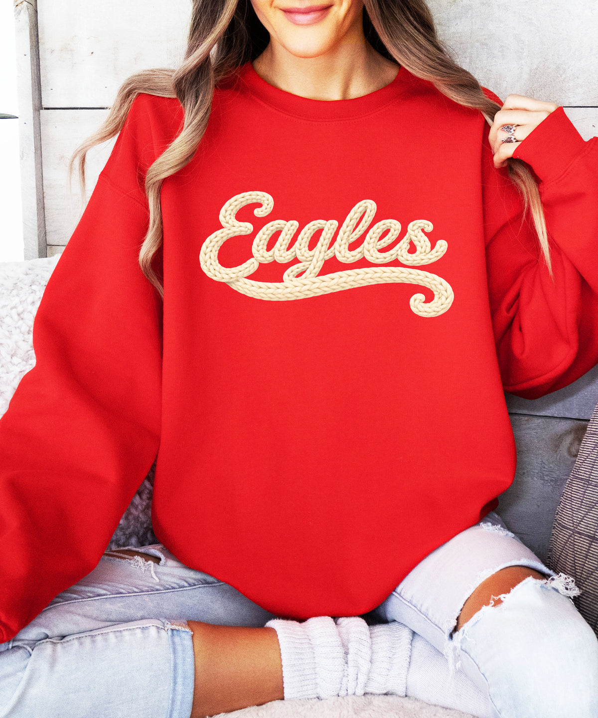 Eagles school spirit sweatshirt ink-printed yarn look in Red, view 4