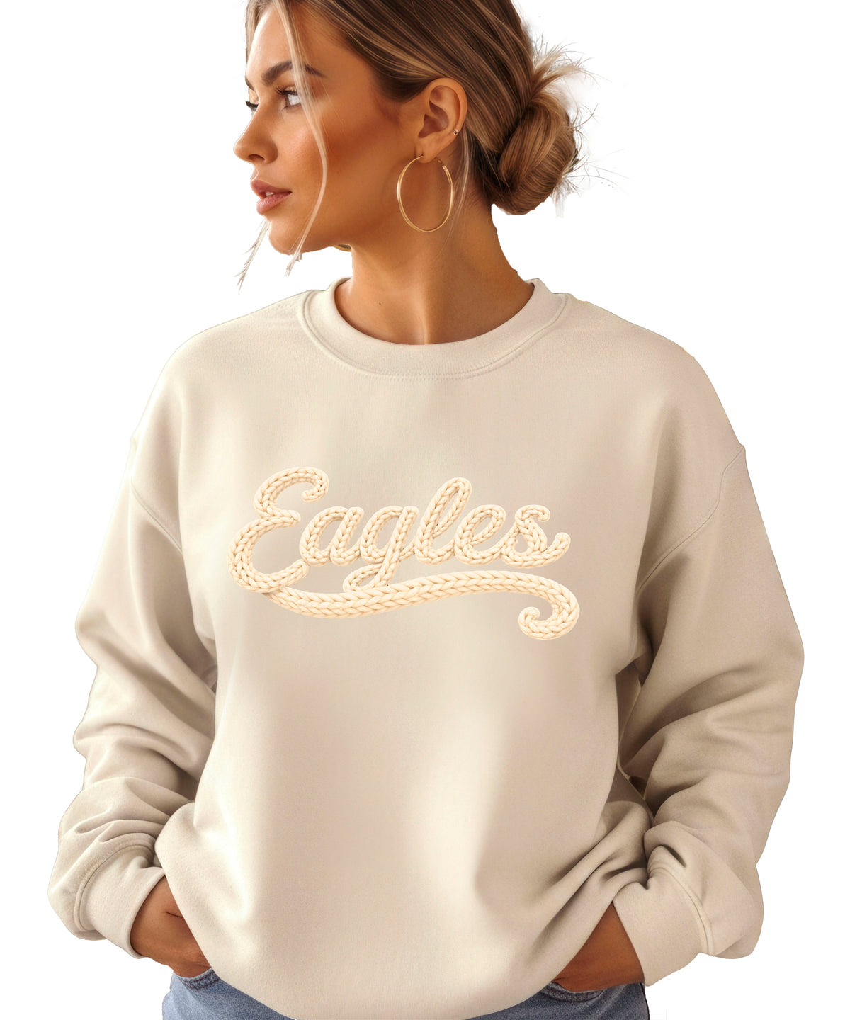 Eagles school spirit sweatshirt ink-printed yarn look in Sand, view 1