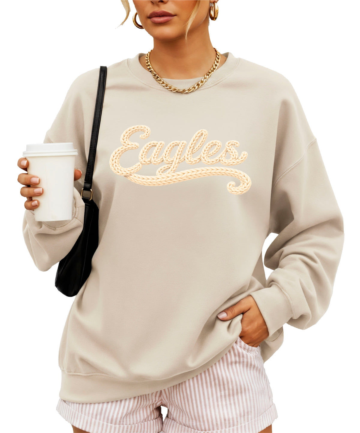 Eagles school spirit sweatshirt ink-printed yarn look in Sand, view 2