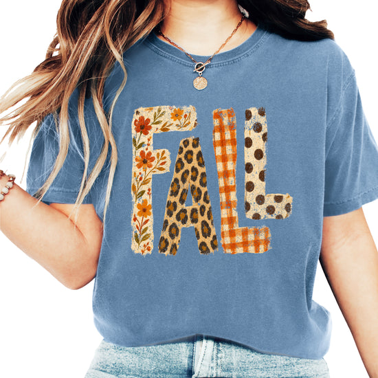 Blue Jean Fall leopard floral gingham polka dot graphic tee for women and teen girls on Comfort Colors 1717, front flat lay