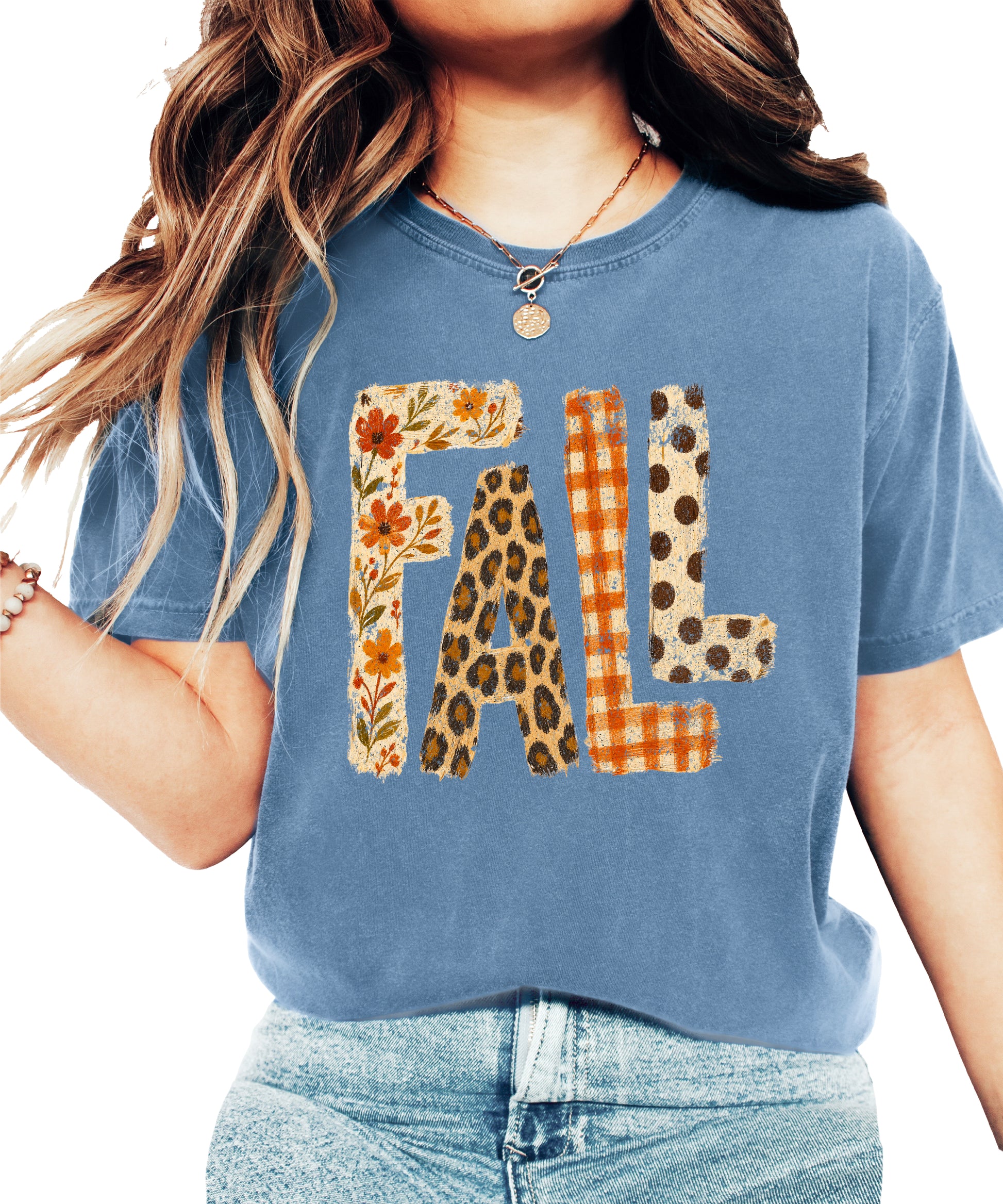 Blue Jean Fall leopard floral gingham polka dot graphic tee for women and teen girls on Comfort Colors 1717, front flat lay