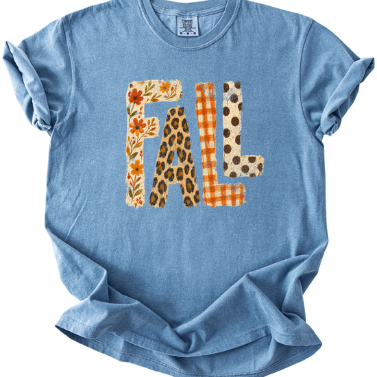 Blue Jean Fall leopard floral gingham polka dot graphic tee for women and teen girls on Comfort Colors 1717, model wearing the tee