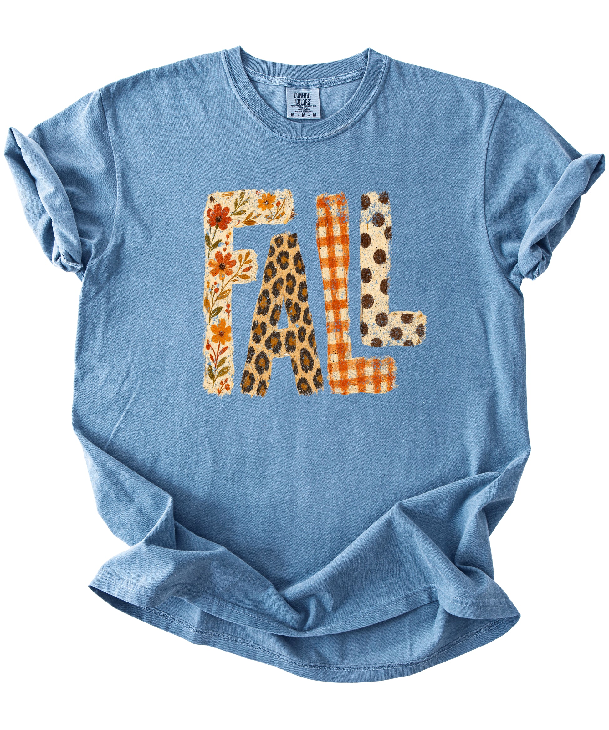 Blue Jean Fall leopard floral gingham polka dot graphic tee for women and teen girls on Comfort Colors 1717, model wearing the tee