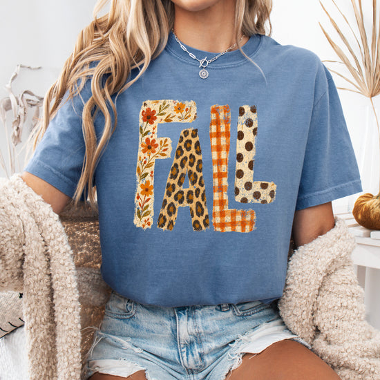 Blue Jean Fall leopard floral gingham polka dot graphic tee for women and teen girls on Comfort Colors 1717, close-up of the fall graphic detail