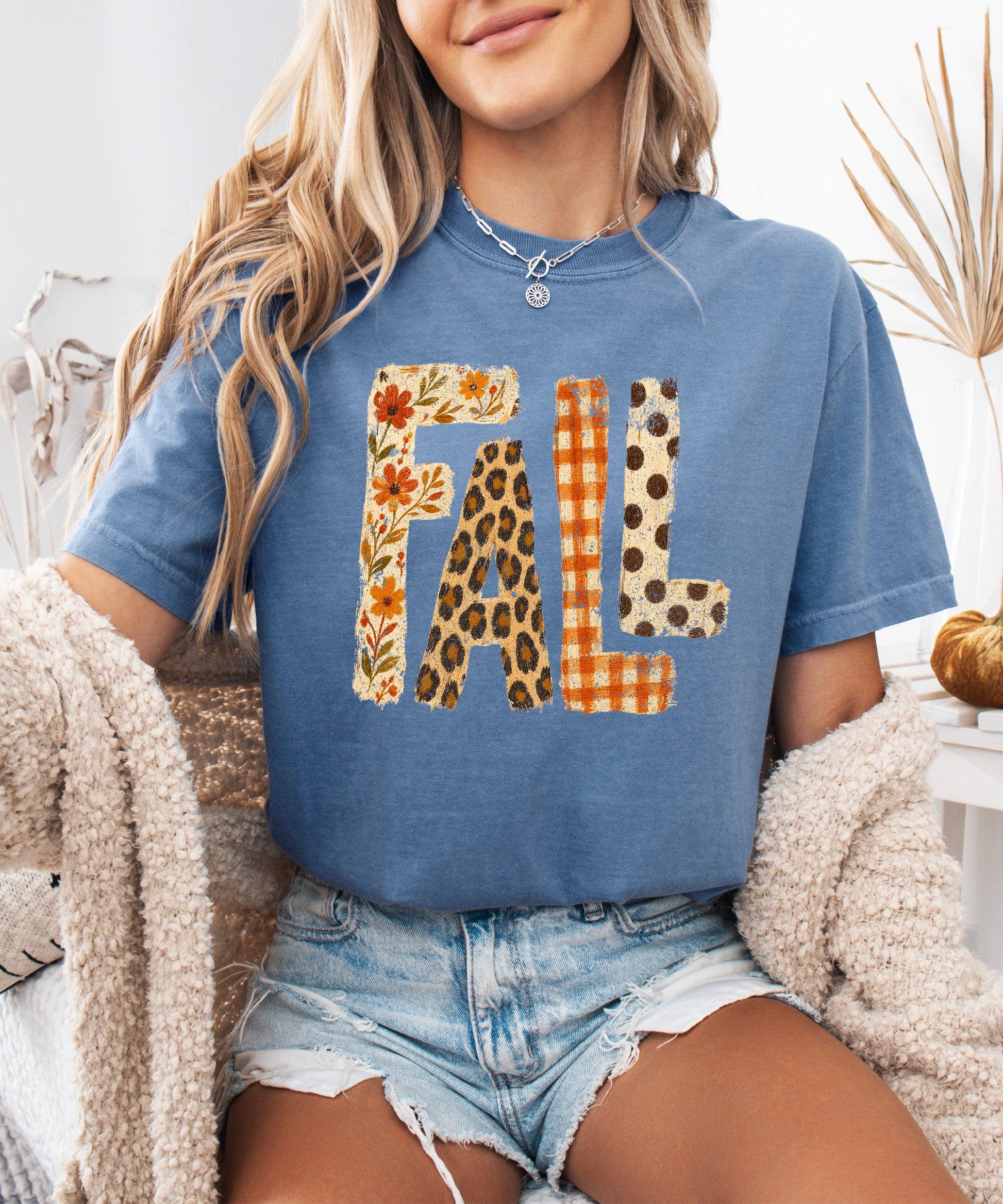 Blue Jean Fall leopard floral gingham polka dot graphic tee for women and teen girls on Comfort Colors 1717, close-up of the fall graphic detail