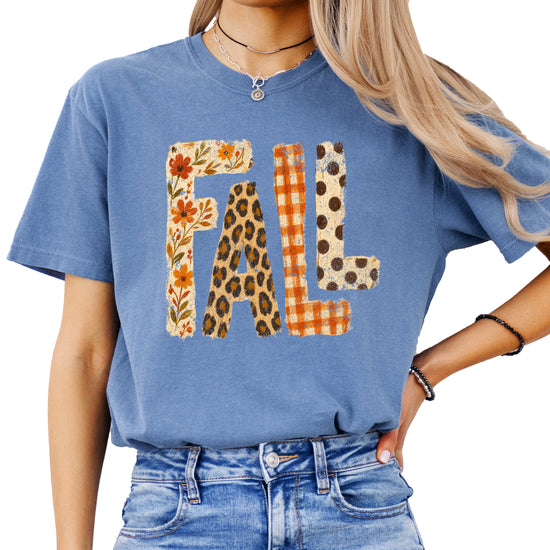 Blue Jean Fall leopard floral gingham polka dot graphic tee for women and teen girls on Comfort Colors 1717, lifestyle styling shot