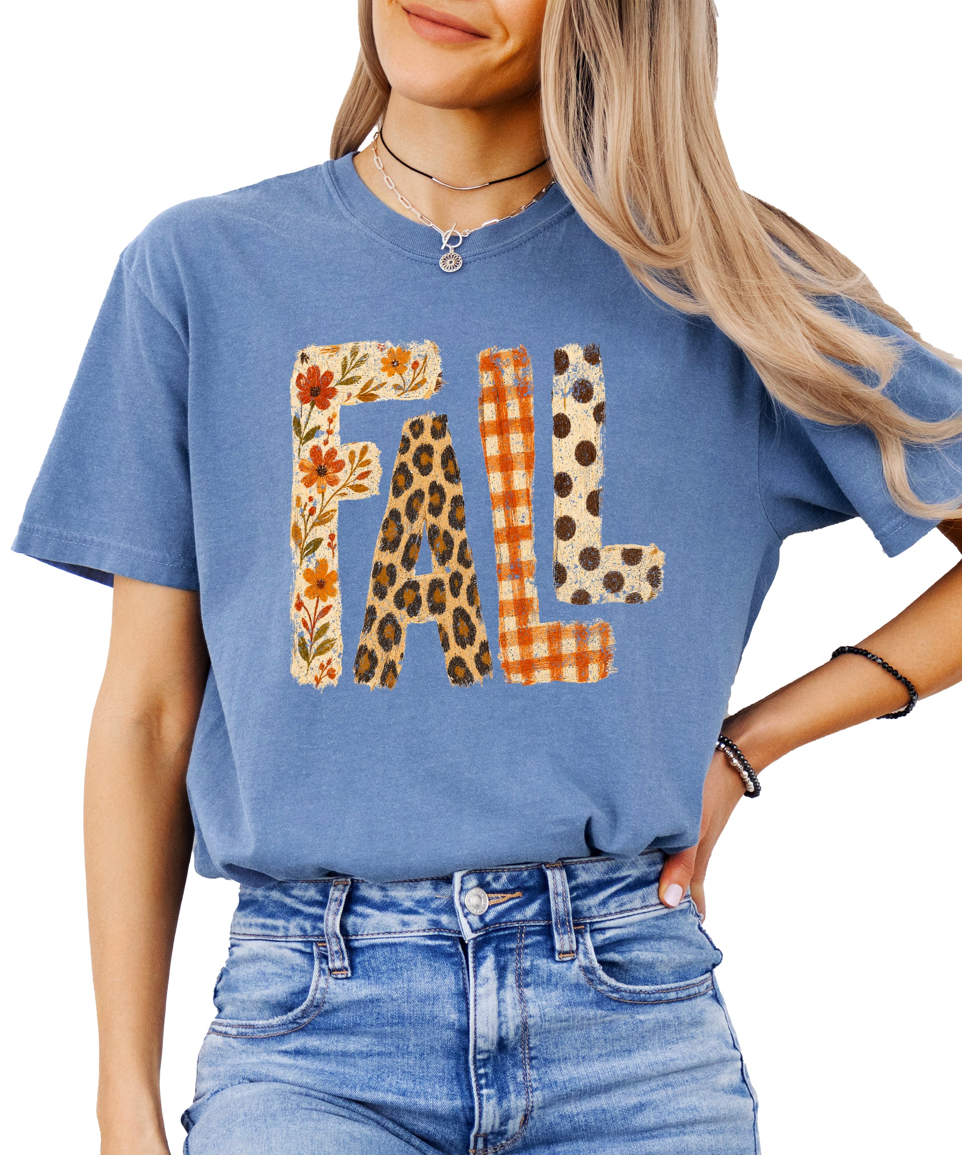 Blue Jean Fall leopard floral gingham polka dot graphic tee for women and teen girls on Comfort Colors 1717, lifestyle styling shot