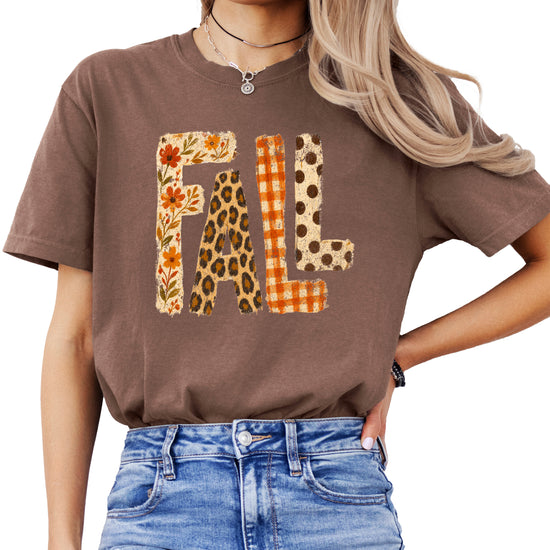 Espresso Fall leopard floral gingham polka dot graphic tee for women and teen girls on Comfort Colors 1717, front flat lay