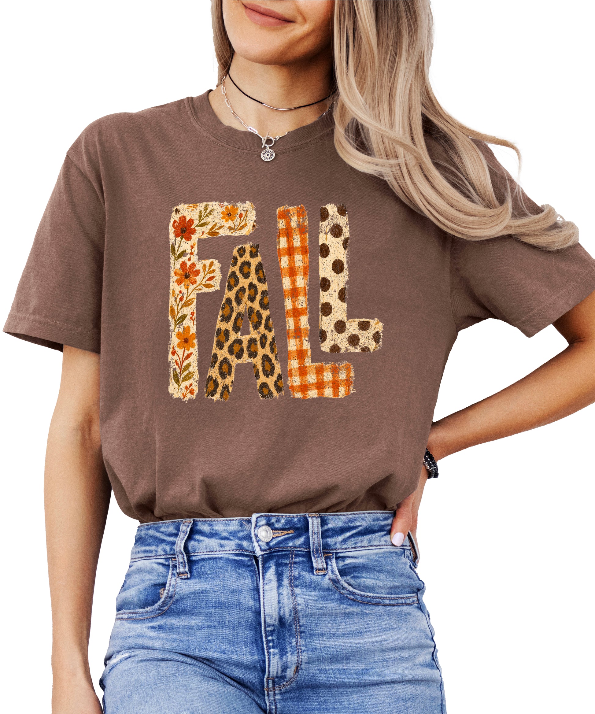 Espresso Fall leopard floral gingham polka dot graphic tee for women and teen girls on Comfort Colors 1717, front flat lay