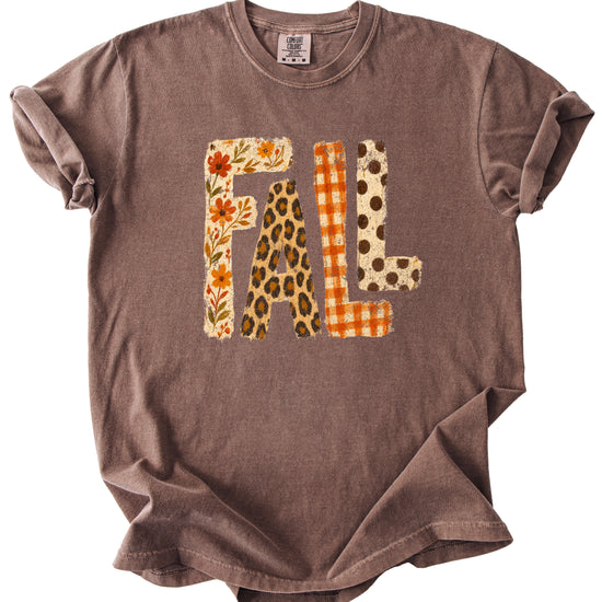 Espresso Fall leopard floral gingham polka dot graphic tee for women and teen girls on Comfort Colors 1717, model wearing the tee