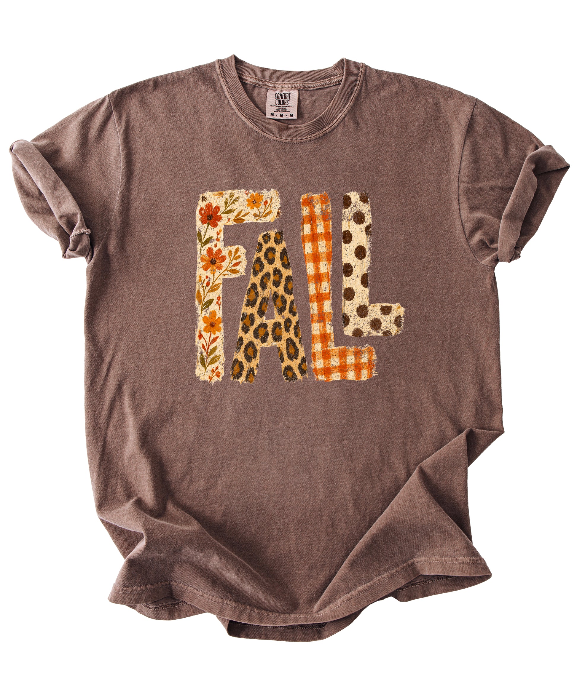 Espresso Fall leopard floral gingham polka dot graphic tee for women and teen girls on Comfort Colors 1717, model wearing the tee