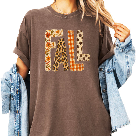 Espresso Fall leopard floral gingham polka dot graphic tee for women and teen girls on Comfort Colors 1717, close-up of the fall graphic detail