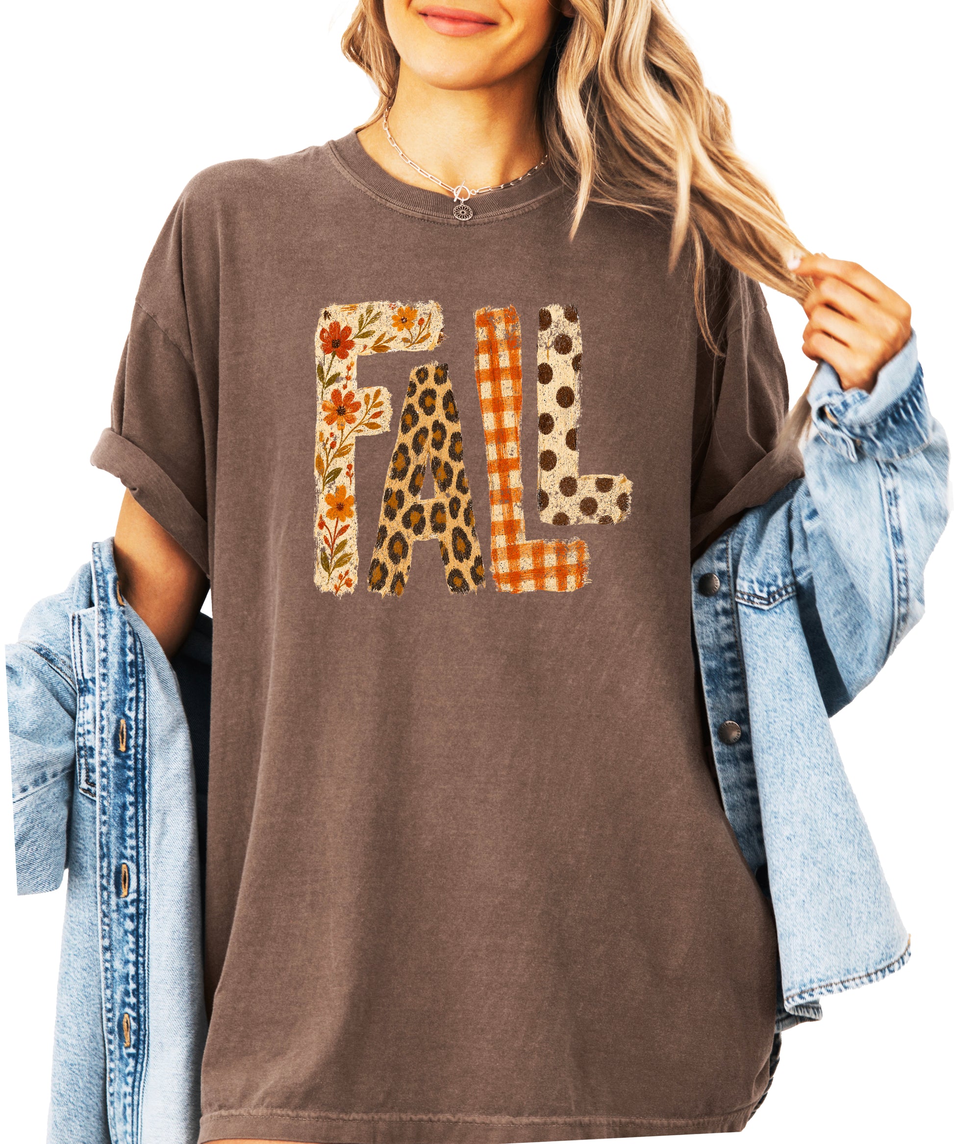 Espresso Fall leopard floral gingham polka dot graphic tee for women and teen girls on Comfort Colors 1717, close-up of the fall graphic detail