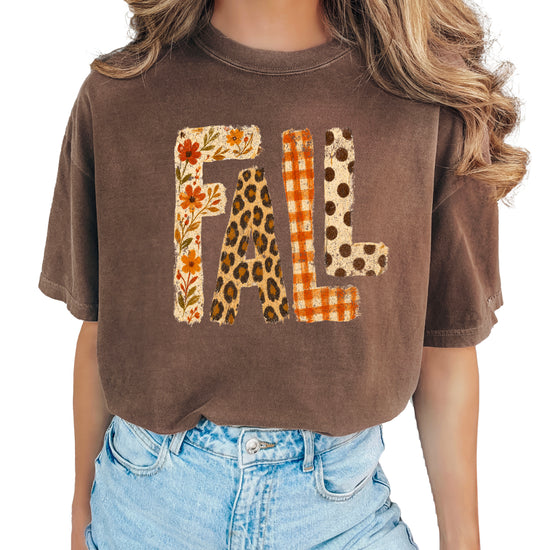 Espresso Fall leopard floral gingham polka dot graphic tee for women and teen girls on Comfort Colors 1717, lifestyle styling shot
