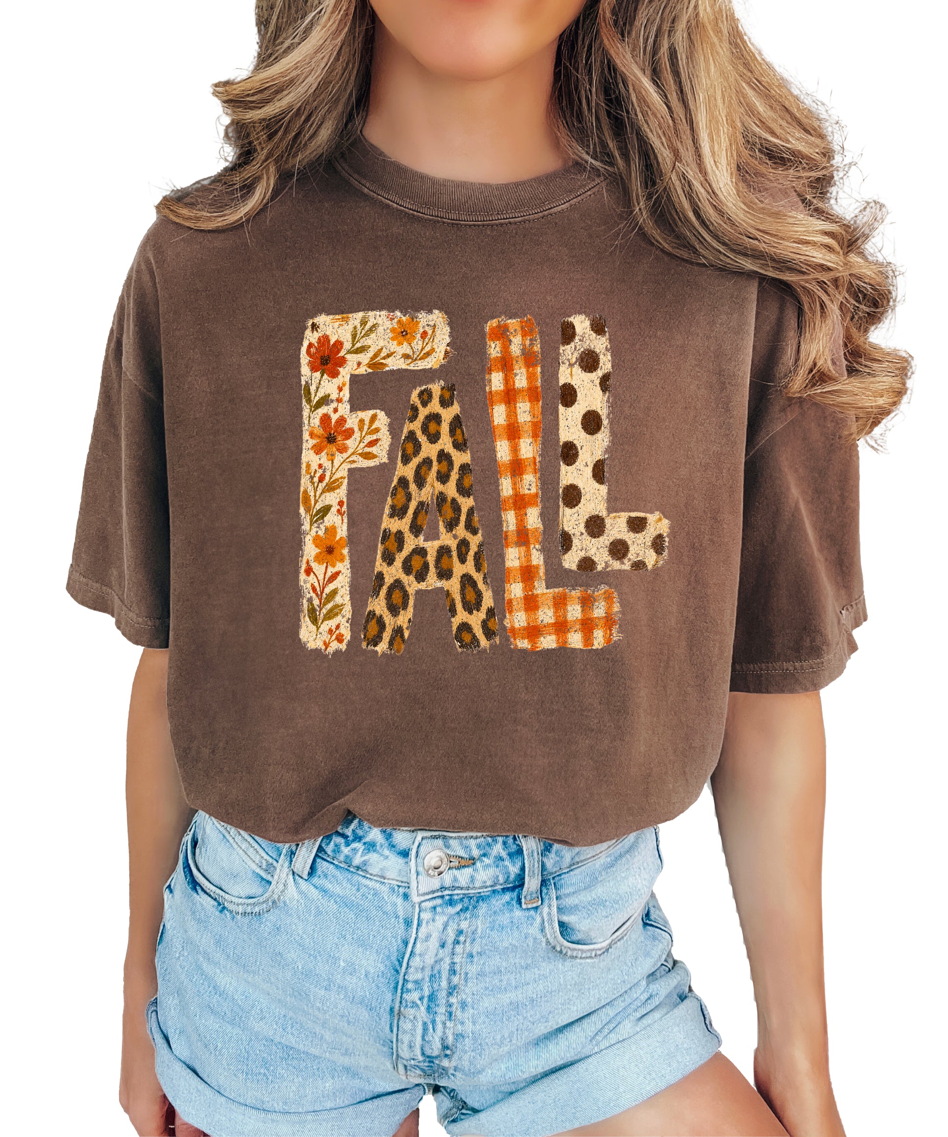 Espresso Fall leopard floral gingham polka dot graphic tee for women and teen girls on Comfort Colors 1717, lifestyle styling shot